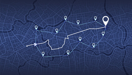 Location EV charging station location mark on gps navigation map a lot with fast supercharger station. Path turns and destination tag or mark. Huge city top view Tracking path, route. vector isometric
