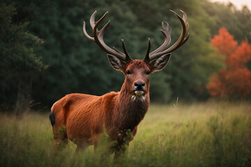 Naklejka na ściany i meble Sunlit red deer, cervus elaphus, stag with new antlers growing facing camera in summer nature. Alert herbivore from side view with copy space. Wild animal with brown fur observing on hay field. 
