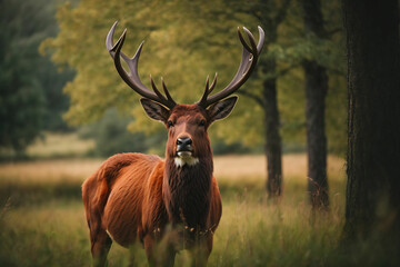 Sunlit red deer, cervus elaphus, stag with new antlers growing facing camera in summer nature. Alert herbivore from side view with copy space. Wild animal with brown fur observing on hay field.
