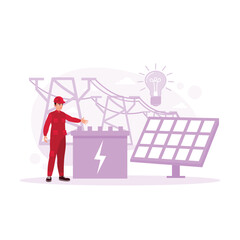 An electrician makes environmentally friendly and renewable energy with solar power. Power plant with photovoltaic panels and eolic turbine. Storage concept. Trend Modern vector flat illustration