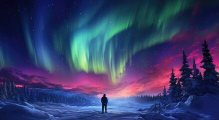 A man standing in a snowy field under a vibrant sky - Powered by Adobe