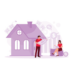 Businessman analyzes profits from real estate business. Real Estate Investment concept. Trend Modern vector flat illustration