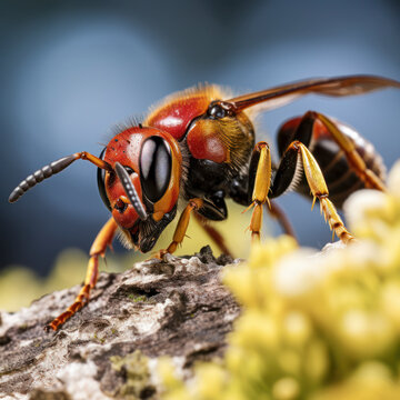 closeup potter wasp flying in garden.