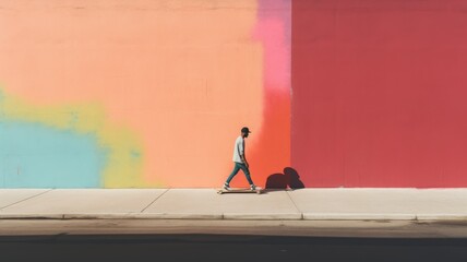 A man walking next to a vibrant mural on a city sidewalk