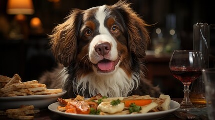A dog sitting at a table with a delicious meal. Generative AI. 