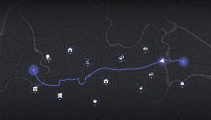 Abstract transportation background with POI. Transportation-related designs, promotional materials. Establishments, gas stations, parks, restaurants. Streets, blocks, route for movement on the streets