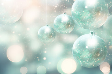 Fototapeta na wymiar Abstract Christmas background. mint color blurred bokeh lights and Christmas Balls