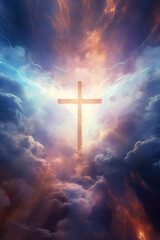 Cross Illuminated in Colorful Sky with Clouds, God, Religion, Generative AI