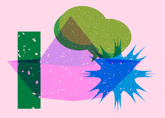 Risograph paper ship with speech bubble and geometric shapes. Origami boat with geometry elements in trendy riso graph design.