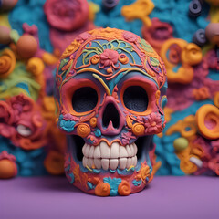 Mexican sugar skull made of colorful plasticine on purple background.
