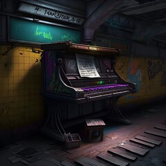 Create a photorealistic 3D render of a New York City subway station with a broken vintage piano lying cracked on the platform The walls of the station are covered in vibrant street art with graffiti  - obrazy, fototapety, plakaty