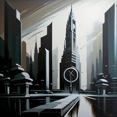 This painting 8k ultra HD depicts a modern cityscape with tall buildings and a large clock in the center The colors used are very sleek and contemporary with shades of black white and gray creating  - obrazy, fototapety, plakaty