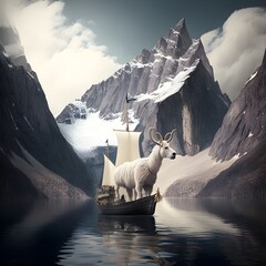 a mountain boat captained by a mountain goat sails up the mountain range along the spine of the world  - obrazy, fototapety, plakaty