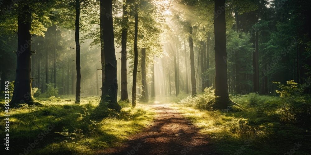 Wall mural tranquil forest with sunlight filtering through trees, generative ai