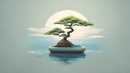 Fotobehang minimalist and Zen-inspired tee with a tranquil bonsai tree © americandigi