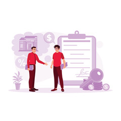 A property entrepreneur reassures his clients about house prices. Signed agreement letter. Mortgage Process concept. Trend Modern vector flat illustration