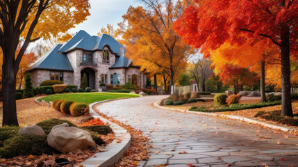 Beautiful Suburban Home residential neighborhood Autumn Season Day Blue Sky. - obrazy, fototapety, plakaty