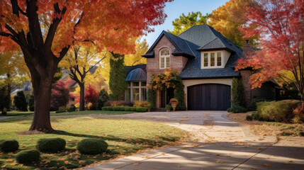 Beautiful Suburban Home residential neighborhood Autumn Season Day Blue Sky.