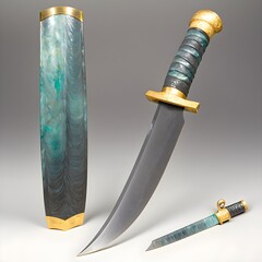 product photo longsword sword blade is black Damascus steel with gold veins handle is made of fluorite and brass 