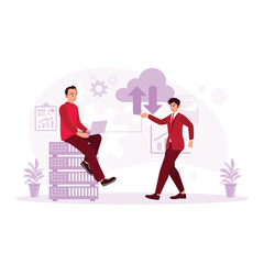 Using a laptop, the manager told the computer expert to enter data into the data center. Could Computing concept. Trend Modern vector flat illustration