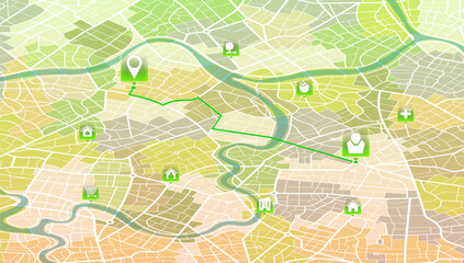 Fototapeta premium Location tracks dashboard. Isometric city street road. City streets and blocks, route distance data, path turns and destination tag or mark. Huge city top view. Background with location system. Vector