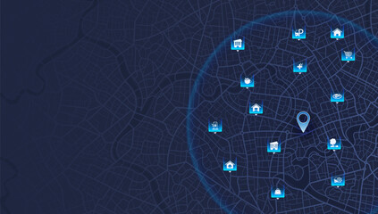 Abstract Map city. Multiple destinations with location system. Direction markers for navigation to town. Location system. Urban map for travel. Route distance data, path turns. destination tag, Vector