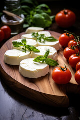Colourful slices of cheese and tomato arranged alternately on a plate and garnished with herbs served with an oil dressing for drizzling.