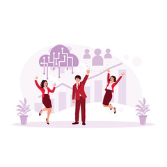 Obraz na płótnie Canvas The architect team jumps and raises hands because of successful work. Could Computing concept. Trend Modern vector flat illustration