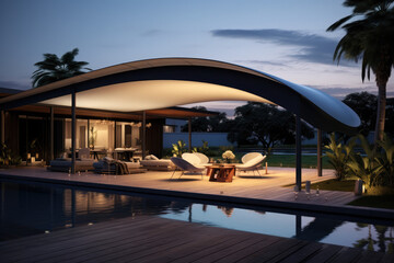 aerial view of a modern curved patio shade structure with a black deck and pool