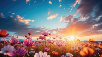 Fototapeta na wymiar colorful blooming cosmos flower field in the morning sunrise.