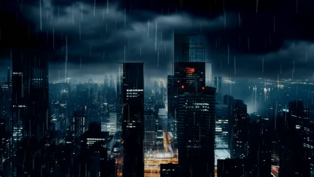 bad environment  in lightning thunder strike in cityscape skyscraper building in dangerous rain weather video looping 