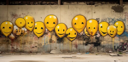 Yellow smiley faces painted on a wall