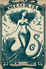mermaid goddess full body tarot card WPA style vintage screenprint vector art 