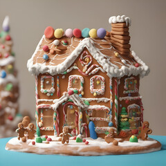 Gingerbread house decorated with icing and colorful dragee.