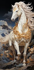 A majestic white horse with a golden saddle and bridle stands proudly in front of a castle.