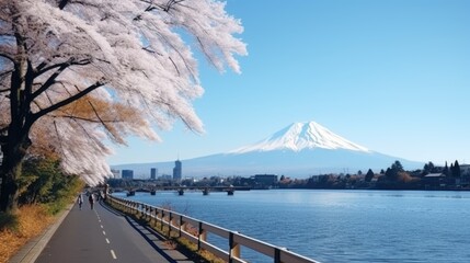 mount Fuji in spring time with blooming cherry blossom at lake. 