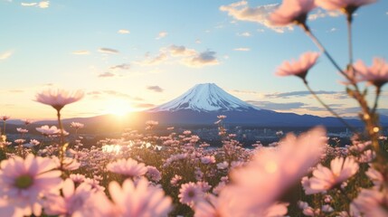Mount Fuji or Fujisan, the symbol of Japan in the morning sunrise. 