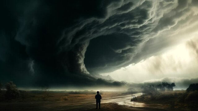 a man standing see or watch tornado typhoon hurricane disaster 