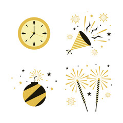 New Year Party Icon In Cartoon Design. Vector Illustration Set. 