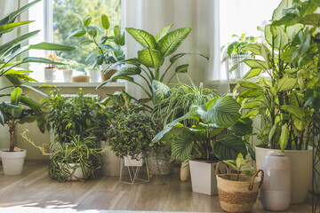 Houseplant domestic jungle garden organization fresh natural plant in pots. Copy space.
