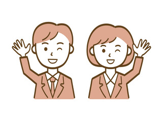 元気に挨拶をするビジネスパーソン_男性会社員と女性会社員セット