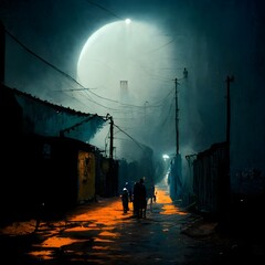 Africa village alleys night moonlight solid smoky streets lampposts electric wires people walking in the alley cyberpunk surreal ultrarealistic cinematic effects dramatic dystopian hd upgrade dark 