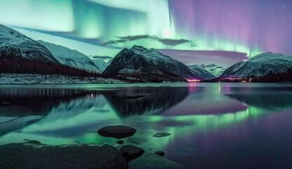 Aurora borealis on the Norway. Green northern lights above mountains. Night sky with polar lights. Night winter landscape with aurora and reflection on the water surface.  - obrazy, fototapety, plakaty