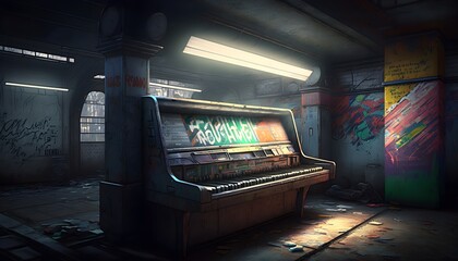 Create a photorealistic 3D render of a New York City subway station with a broken piano lying on the platform The walls of the station are covered in vibrant street art with graffiti tags and murals 