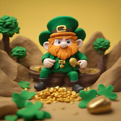 Leprechaun with gold coins and gold. 3d illustration
