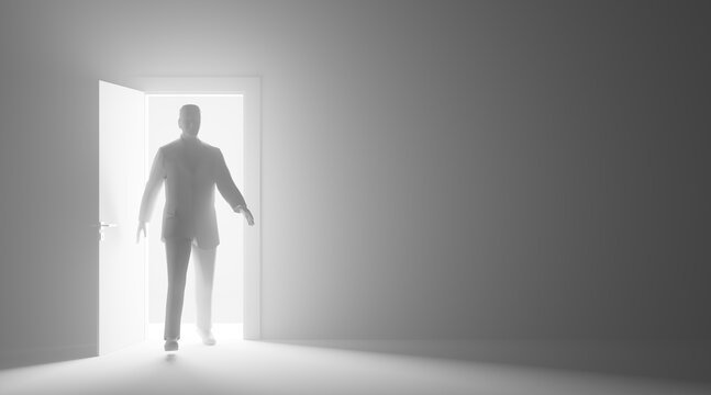Business Man Walking Through Door and Glowing Light 3D Illustration