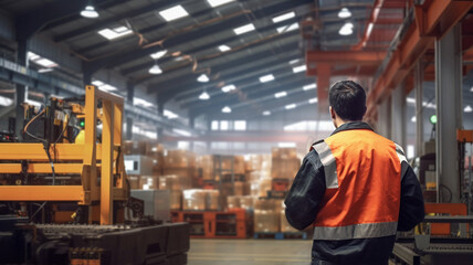 Fototapeta na wymiar Male warehouse worker is standing in store warehouse. AI Generative