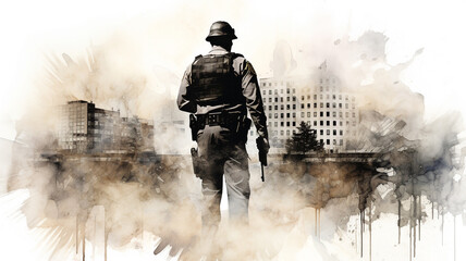 drawing of a special operations police officer holding a gun. - obrazy, fototapety, plakaty