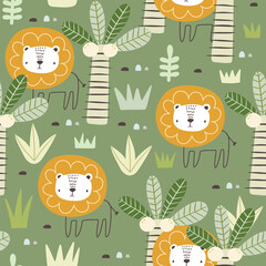 Cute hand drawn baby Lion in the jungle around palms and grass on a green pastel background, kids fabric, textile seamless pattern