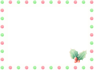 水彩風の赤と緑のドットとヒイラギのクリスマスカードイラスト
